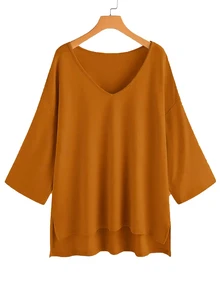 SHEIN Kaos Longgar Kasual Wanita Ukuran Besar Model V-Neck dengan Belahan Samping, Oranye Kuning - Jeruk - View 3