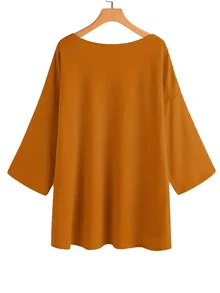 SHEIN Kaos Longgar Kasual Wanita Ukuran Besar Model V-Neck dengan Belahan Samping, Oranye Kuning - Jeruk - View 4