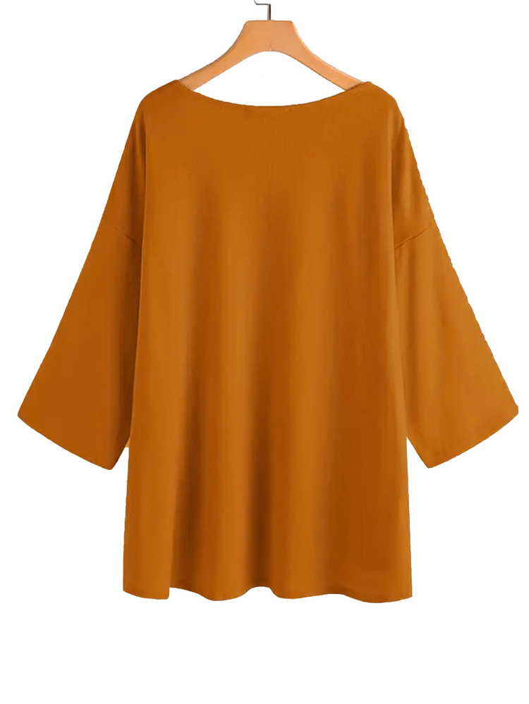 SHEIN Plus Size Women's Casual V-Neck Loose T-Shirt With Side Slit, Orange Yellow - Orange - View 4