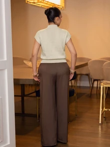 Melissa Matos 女款休閒通勤簡約純色蝙蝠袖寬鬆針織上衣 - 米色 - 查看 2