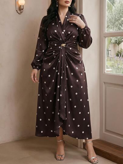 Modelyn Plus Size Elegant Polka Dot Print Twist Waist Dress, Autumn