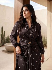 Modelyn فستان أنيق بطبعة نقاط بولكا مع خصر ملتوي، مقاس كبير، خريف - قهوة بني - مشاهدة 6