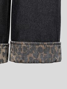SHEIN Tween Girl Leopard Print Patchwork Wide Leg Denim Jeans, Vintage Distressed Washed, Pockets And Cuffed Hem Leopard Print Patchwork, Elastic Waistband, Loose Fit, Casual Street Style, Suitable For Daily Wear, Outdoor, School, All Seasons - Multicolor - View 5