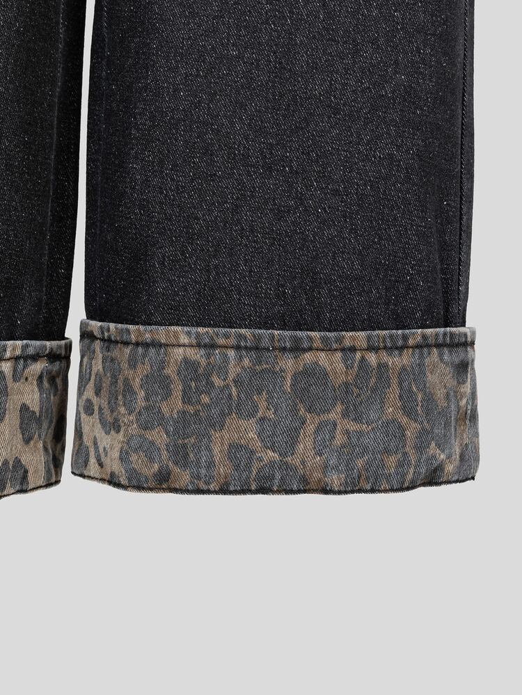 SHEIN Tween Girl Leopard Print Patchwork Wide Leg Denim Jeans, Vintage Distressed Washed, Pockets And Cuffed Hem Leopard Print Patchwork, Elastic Waistband, Loose Fit, Casual Street Style, Suitable For Daily Wear, Outdoor, School, All Seasons - Multicolor - View 5