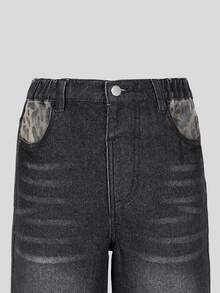 SHEIN Tween Girl Leopard Print Patchwork Wide Leg Denim Jeans, Vintage Distressed Washed, Pockets And Cuffed Hem Leopard Print Patchwork, Elastic Waistband, Loose Fit, Casual Street Style, Suitable For Daily Wear, Outdoor, School, All Seasons - Multicolor - View 6