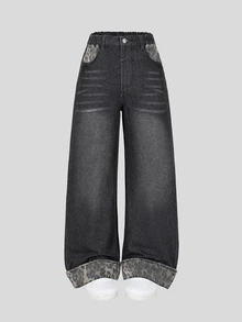 SHEIN Tween Girl Leopard Print Patchwork Wide Leg Denim Jeans, Vintage Distressed Washed, Pockets And Cuffed Hem Leopard Print Patchwork, Elastic Waistband, Loose Fit, Casual Street Style, Suitable For Daily Wear, Outdoor, School, All Seasons - Multicolor - View 3