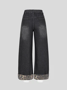 SHEIN Tween Girl Leopard Print Patchwork Wide Leg Denim Jeans, Vintage Distressed Washed, Pockets And Cuffed Hem Leopard Print Patchwork, Elastic Waistband, Loose Fit, Casual Street Style, Suitable For Daily Wear, Outdoor, School, All Seasons - Multicolor - View 2