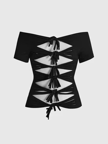 ROMWE Goth Kaos Slim Fit dengan Motif Jaring Laba-laba Rhinestone dan Potongan Bahu Terbuka serta Tali di Belakang - Hitam - View 9