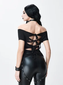 ROMWE Goth Kaos Slim Fit dengan Motif Jaring Laba-laba Rhinestone dan Potongan Bahu Terbuka serta Tali di Belakang - Hitam - View 2