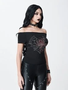 ROMWE Goth Kaos Slim Fit dengan Motif Jaring Laba-laba Rhinestone dan Potongan Bahu Terbuka serta Tali di Belakang - Hitam - View 5