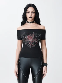 ROMWE Goth Kaos Slim Fit dengan Motif Jaring Laba-laba Rhinestone dan Potongan Bahu Terbuka serta Tali di Belakang - Hitam - View 3