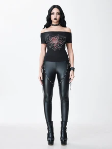 ROMWE Goth Kaos Slim Fit dengan Motif Jaring Laba-laba Rhinestone dan Potongan Bahu Terbuka serta Tali di Belakang - Hitam - View 4
