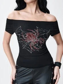 ROMWE Goth Kaos Slim Fit dengan Motif Jaring Laba-laba Rhinestone dan Potongan Bahu Terbuka serta Tali di Belakang - Hitam - View 7
