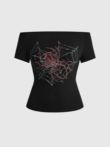 ROMWE Goth Kaos Slim Fit dengan Motif Jaring Laba-laba Rhinestone dan Potongan Bahu Terbuka serta Tali di Belakang - Hitam - View 10