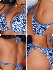 Voyashape Women Halter Neck Back Tie Bikini Top And Bottom Swimwear Set Summer - Blue and White - View 4