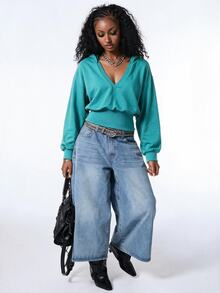 COUREZ Cropped Skater Jeans In Light Blue Wash Y2K Streetwear Casual Clothes Fall Winter Outfits For Women Shorts Denim Pants Everyday Going Out - Medium Wash - View 4