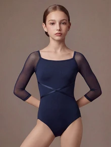 SHEIN Tween Girls Clothes Mesh Patchwork Casual Athletic Modest Daily Dance Sports Jumpsuit Back, Cute, School, Back To School Autumn Fall Navy Blue Dance - Royal Blue - View 7