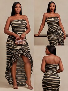 SHEIN SXY Animal Print High Elasticity Knit Strapless Ruffle Trim Ruched Long Bodycon Dress - Multicolor - View 3
