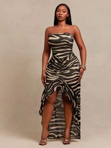 SHEIN SXY Animal Print High Elasticity Knit Strapless Ruffle Trim Ruched Long Bodycon Dress - Multicolor - View 7