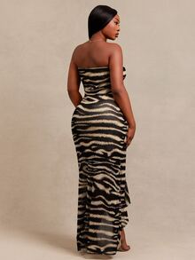 SHEIN SXY Animal Print High Elasticity Knit Strapless Ruffle Trim Ruched Long Bodycon Dress - Multicolor - View 2