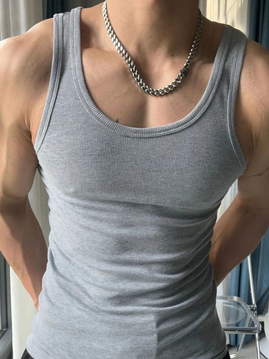 Manfinity Dauomo Men's Summer Solid Color Ribbed Athletic Casual Tank Top