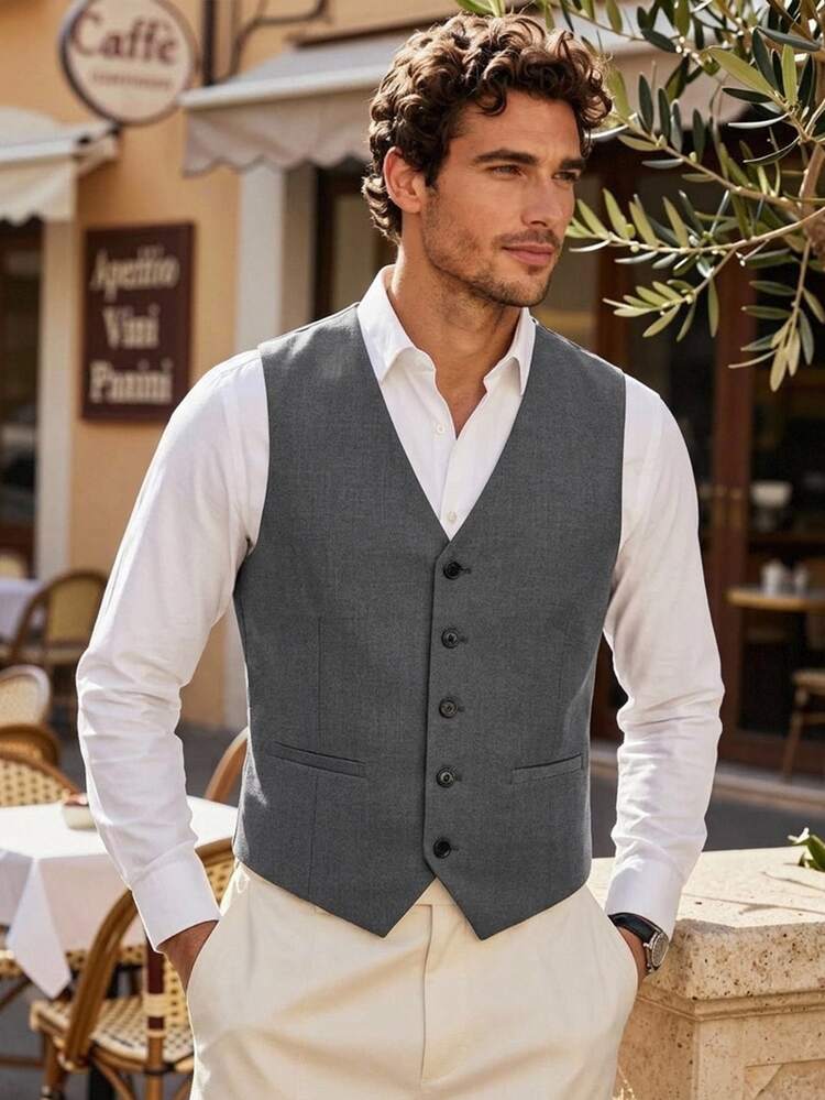 HIMLAND Men's Suit Vest, Tailored Waistcoat, Formal Dress Vest, Business Casual, Slim Fit Vest, Groomsmen Attire, V-Neck Waistcoat, Single-Breasted, Gentleman - Grey - View 9