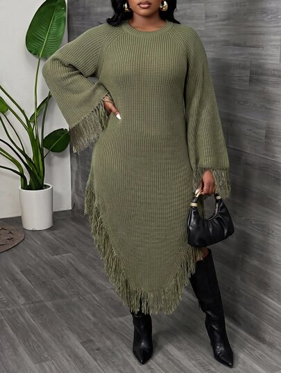 Slaydiva Gaun Sweater Rajut Kasual Wanita Ukuran Plus dengan Desain Rumbai, Gaun Midi Elegan untuk Sehari-hari di Musim Gugur/Musim Dingin untuk Wanita Berlekuk Tubuh
