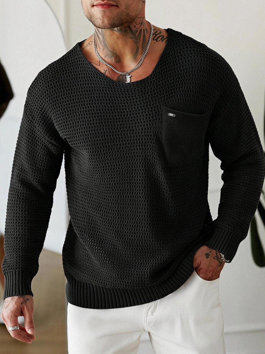 Manfinity Homme Men's Solid Color Crew Neck Casual Daily Long Sleeve Sweater Pull, Sweaters - Black - View 1