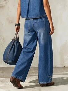 LUMIGAL Celana Jeans Denim Ukuran Besar dengan Kancing Saku dan Gesper Logam sebagai Dekorasi - Biru - View 2