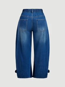 LUMIGAL Celana Jeans Denim Ukuran Besar dengan Kancing Saku dan Gesper Logam sebagai Dekorasi - Biru - View 8