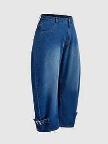 LUMIGAL Celana Jeans Denim Ukuran Besar dengan Kancing Saku dan Gesper Logam sebagai Dekorasi - Biru - View 9
