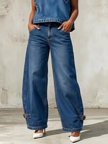 LUMIGAL Celana Jeans Denim Ukuran Besar dengan Kancing Saku dan Gesper Logam sebagai Dekorasi - Biru - View 6