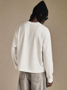 SUMWON New Horizon Waffle Knit Long Sleeve Tee With Cursive Script Sleeve Print High Neck Boxy Fit Streetwear Top Vacation Club White And Black Spring - Beige - View 5