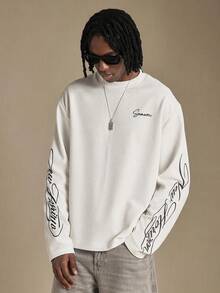 SUMWON New Horizon Waffle Knit Long Sleeve Tee With Cursive Script Sleeve Print High Neck Boxy Fit Streetwear Top Vacation Club White And Black Spring - Beige - View 1