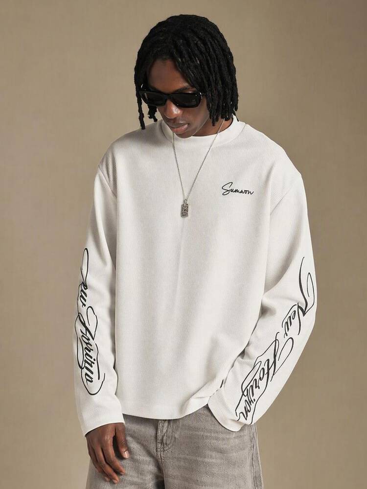 SUMWON New Horizon Waffle Knit Long Sleeve Tee With Cursive Script Sleeve Print High Neck Boxy Fit Streetwear Top Vacation Club White And Black Spring - Beige - View 1