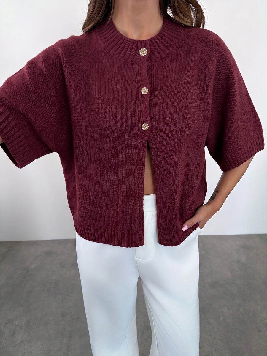 Firerie Women's Minimalist Elegant Vintage Button Short Sleeve Knit Cardigan Office Burgundy Autumn - Burgundy - View 1