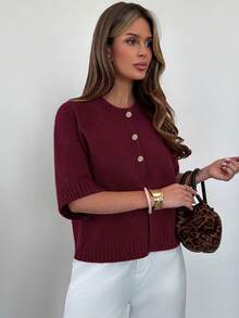 Firerie Women's Minimalist Elegant Vintage Button Short Sleeve Knit Cardigan Office Burgundy Autumn - Burgundy - View 4
