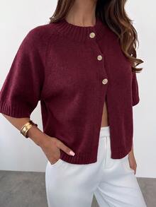 Firerie Women's Minimalist Elegant Vintage Button Short Sleeve Knit Cardigan Office Burgundy Autumn - Burgundy - View 5