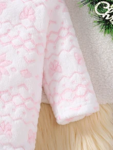 SHEIN 1件新生女嬰連身褲，可愛甜美白色粉色蝴蝶結毛絨雪花長袖連帽加厚戶外冬秋聖誕假期連身衣 - 淺粉色 - 查看 6