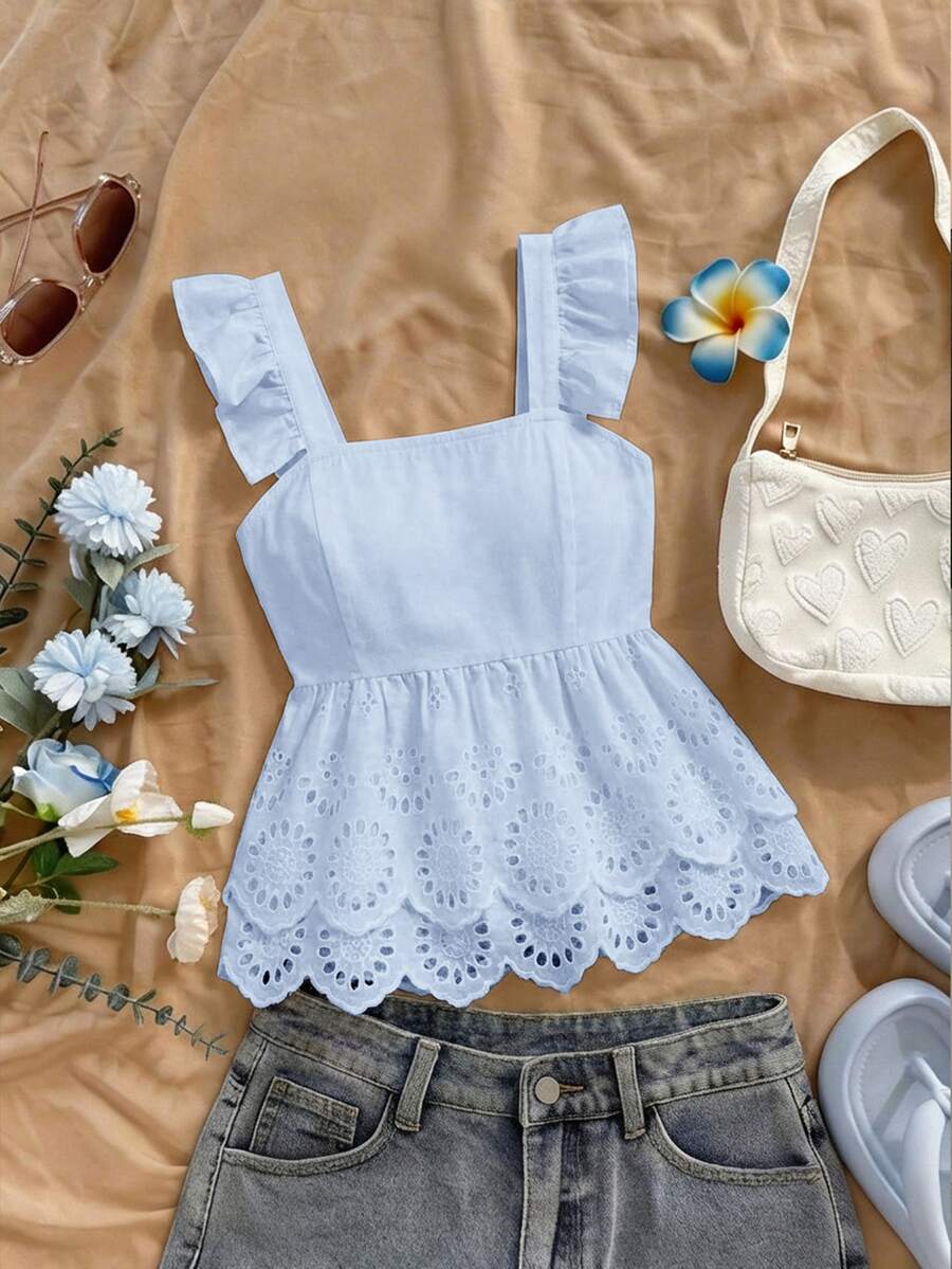 SHEIN MOD Women's Summer Casual Solid Color Hollow Embroidery Blouse - Baby Blue - View 1