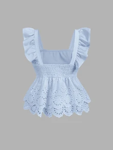 SHEIN MOD Women's Summer Casual Solid Color Hollow Embroidery Blouse - Baby Blue - View 2