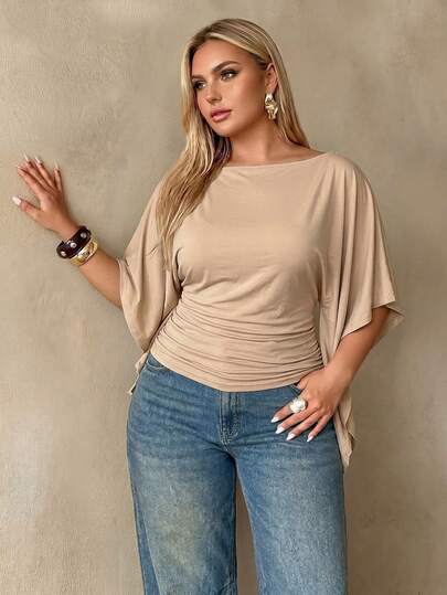 Auralis Plus Size Women's Apricot Boat Neck Asymmetrical Loose Sleeve Minimalist Fashion Comfortable Casual Daily Commute Outing T-Shirt Top