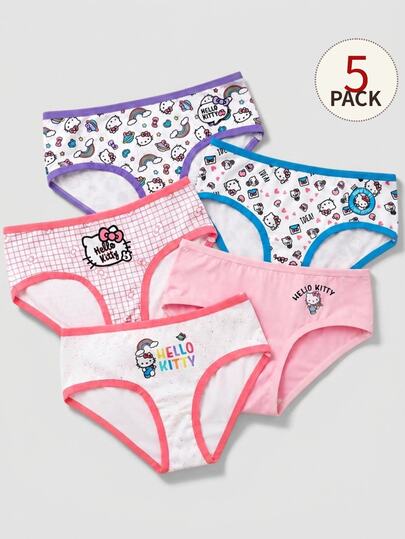 Maija Kids HELLO KITTY AND FRIENDS | SHEIN Maija Kids 5 Pcs Kids Tween Girls Casual Exquisite Comfortable Fitted Fun Cartoon Print Knitted Multi-Color Triangle Panties Multi-Pack Suitable For Layering And All Seasons