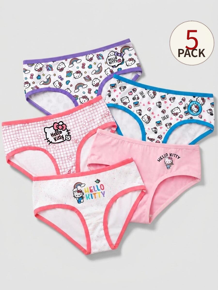Maija Kids HELLO KITTY AND FRIENDS | SHEIN Maija Kids 5 Pcs Kids Tween Girls Casual Exquisite Comfortable Fitted Fun Cartoon Print Knitted Multi-Color Triangle Panties Multi-Pack Suitable For Layering And All Seasons - Multicolor - View 1
