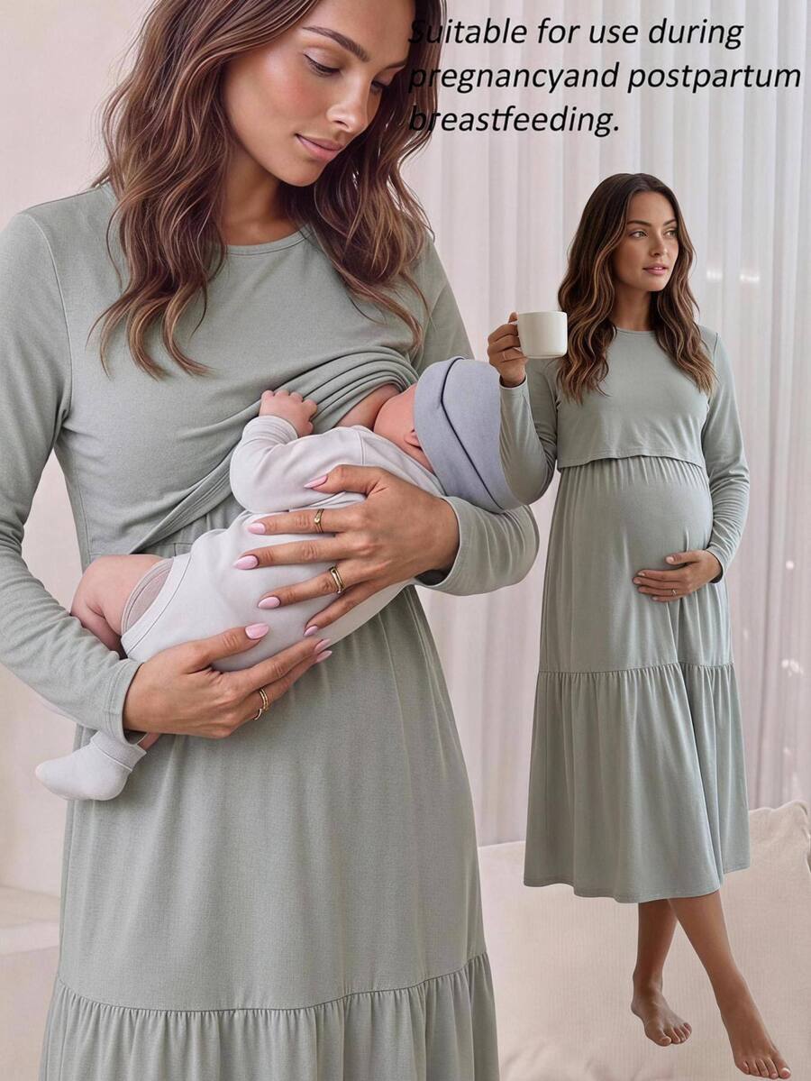 Slowluna 孕婦純色哺乳功能休閒寬鬆優雅日常秋季洋裝 正式拍照度假鼠尾草綠 - 綠色 - 查看 1