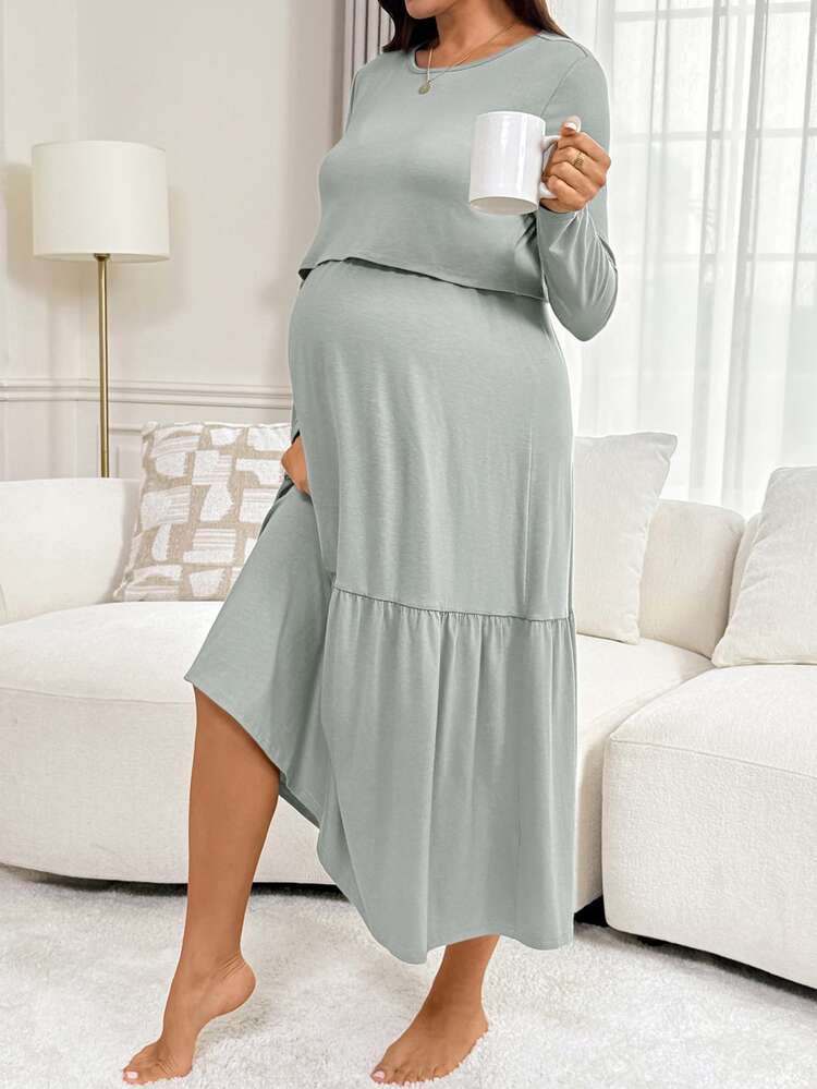 Slowluna Maternity Solid Color Nursing Function Casual Daily Summer Dress - Green - View 6