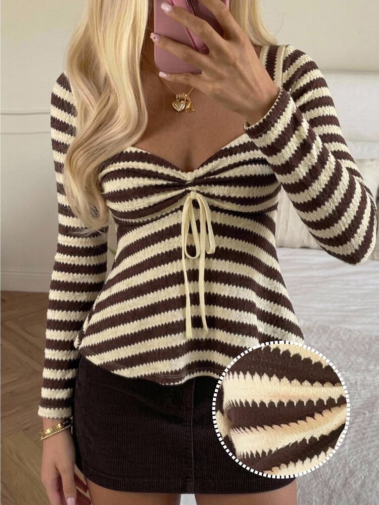 CovetEZ Women's Korean Style Colorblock Tie-Up Ruched Long Sleeve T-Shirt Date Brunch Blue And White Stripe Autumn Vintage French Casual - Brown - View 2