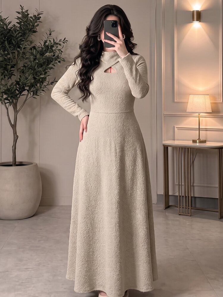 Feyla Plus Size Women's Solid Color Hollow Out Casual Daily Dress - Apricot - View 8