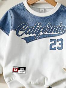 2pcs Young Boy 4-7Y Streetwear California Letter Number Faux Denim Print Colorblock Crew Neck Drop Shoulder Long Sleeve Unlined Sweatshirt Joggers Set - Blue - View 4