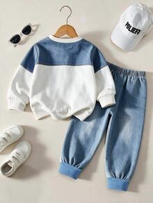 2pcs Young Boy 4-7Y Streetwear California Letter Number Faux Denim Print Colorblock Crew Neck Drop Shoulder Long Sleeve Unlined Sweatshirt Joggers Set - Blue - View 3